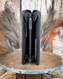 Black wallet on a wooden stand with a rustic background