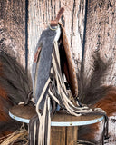 Leather purse on a wooden stool against a rustic wooden background