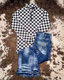 pullover on cowhide rug and pants 