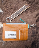 The back of the Pride of Prickly Pears Card Holder in Dark Brown, showing the card slots. The card holder is displayed on cowhide.