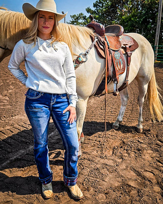 Buck Off Flannel Lined Bootcut Jeans in Blue by Cowgirl Tuff