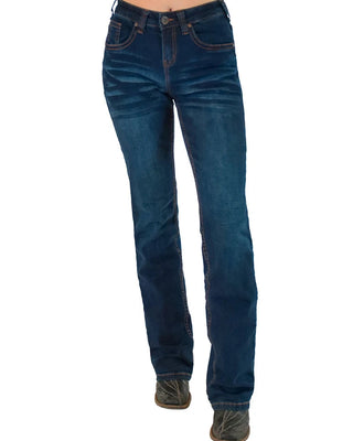 A person wearing dark blue denim jeans with a faded wash and dark shoes, shown from the waist down against a plain white background.