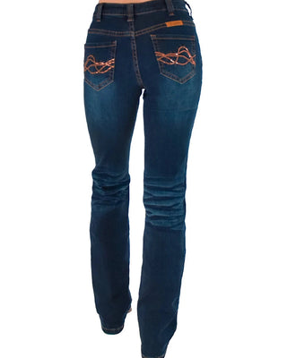 Rear view of dark blue denim jeans with orange embroidered wave details on the back pockets, shown on a model against a white background.