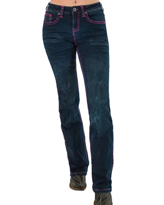 A person wearing dark blue denim jeans with bright pink contrast stitching, shown from the waist down against a plain white background.