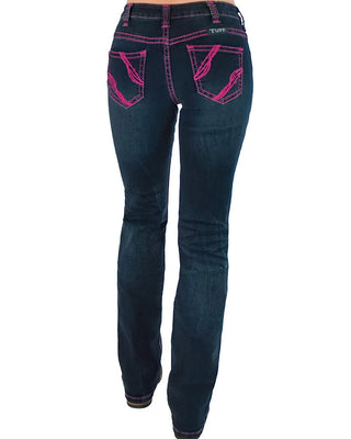 Rusty brand dark blue denim jeans with bright pink contrast stitching and matching pink embroidery on the back pockets, shown from the back on a model.