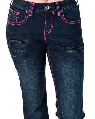 Dark blue denim jeans with bright pink contrast stitching and a zippered pocket on the left thigh, shown on a model against a white background.