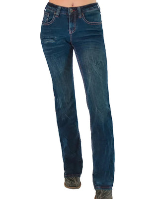 A pair of dark blue denim jeans with faded whiskering and contrast red stitching, shown on a model from the waist down against a white background.