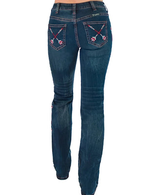 Rusty brand blue denim jeans with embroidered crossed arrows on the back pockets, shown from a rear three-quarter view on a model against a white background.