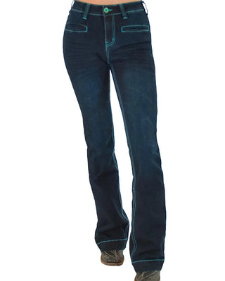 Dark blue denim jeans with bright turquoise contrast stitching, shown on a model from the waist down against a white background.