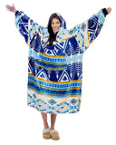Person wearing a blue and white patterned hoodie on a white background