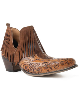 Brown cowboy boots with fringes and intricate designs on a white background