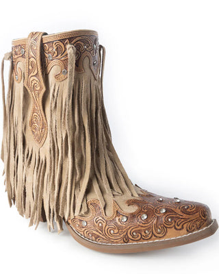 Brown leather boot with intricate patterns and fringes on a white background