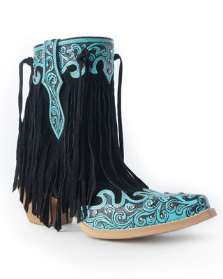 Turquoise and black fringed boots on a white background