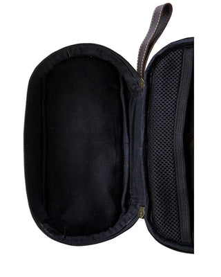 Black travel case with mesh pocket on a white background