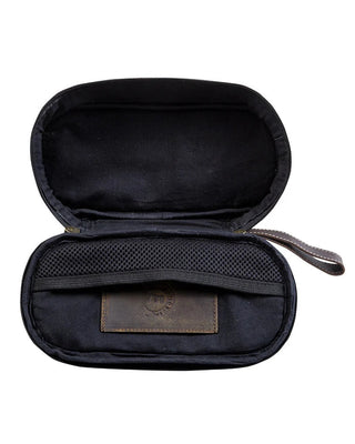 Black travel case with a visible brand logo on a white background