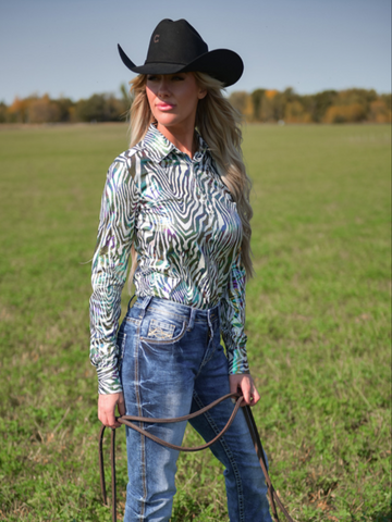 Cowgirl Tuff Chrome Rebel – Zebra Print Stretch Button Up with Colorful Foil