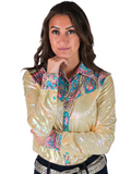 Cowgirl Tuff Golden Hour – Metallic Button Up with Paisley Accents