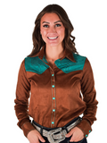 Cowgirl Tuff Buckle Run – Brown Stretch Suede Button Up with Boot Stitch Details