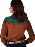 Cowgirl Tuff Buckle Run – Brown Stretch Suede Button Up with Boot Stitch Details