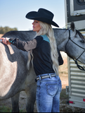 Cowgirl Tuff Midnight Dash – Black Stretch Suede Button Up with Boot Stitch Details