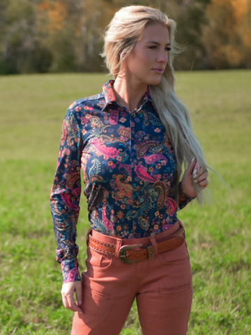 Cowgirl Tuff Paisley Canyon – Navy and Paisley Print Button Up