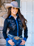 Cowgirl Tuff Nightfall Rodeo – Black Stretch Suede Button Up with Embroidery