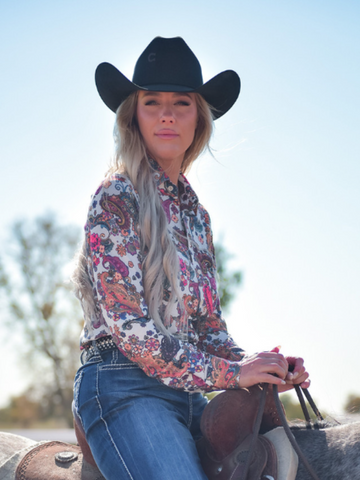 Cowgirl Tuff Paisley Stampede – White and Paisley Print Button Up