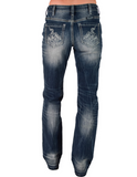 Back view of model wearing boot cut jeans