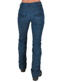 Back view of model wearing boot cut jeans.