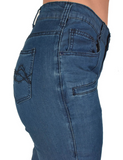 Close up of back pocket of the boot cut jeans on the model.