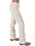Right side view of model wearing boot cut jeans.