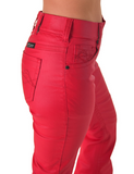 Close up of back pocket of the trouser jeans on the model.