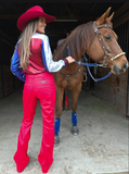 Back view of model wearing trouser jeans with a horse.