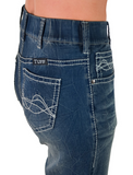 Close up of back pocket of the trouser jeans on the model.