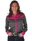 Front view of a girl wearing the Sweet Spot Pullover Button Up With Hot Pink Satin Accents.