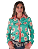 Front view of a girl wearing the Sweet Daisy Darling Pullover Button Up in a white backdrop. 