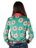 Back view of a girl wearing the Sweet Daisy Darling Pullover Button Up in a white backdrop.