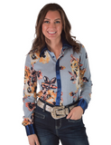 Front view of a girl wearing the Sweet Bluebell Breeze Pullover Button Up in a white backdrop.