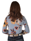 Balk view of a girl wearing the Sweet Bluebell Breeze Pullover Button Up in a white backdrop.