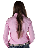 Back view of a girl wearing the  Sugar and Cinch Pullover Button Up in a white backdrop. 