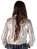 Back view of a model wearing the Shiny Side Up Pullover in a white back drop.