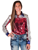 Front view of a model wearing the  Stars Stripes and Rodeo Nights Pullover in a white back drop.