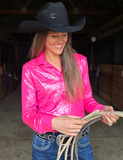 Model wearing the Pink Lightning Pullover in a barn.