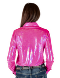 Back view of a model wearing the Pink Lightning Pullover in a white back drop.