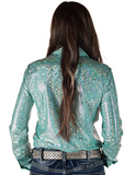 Back view of a model wearing the  Glacial Grit Pullover in a white back drop.