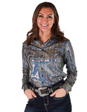 Front view of a model wearing the Spurfire Button Up in a white back drop.