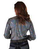Back view of a model wearing the Spurfire Button Up in a white back drop.