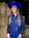 Cowgirl Tuff Spurfire Pullover Button Up with Dark Blue Metallic Foil