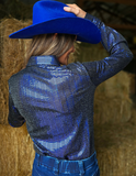Cowgirl Tuff Spurfire Pullover Button Up with Dark Blue Metallic Foil