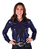 Cowgirl Tuff Spurfire Pullover Button Up with Dark Blue Metallic Foil
